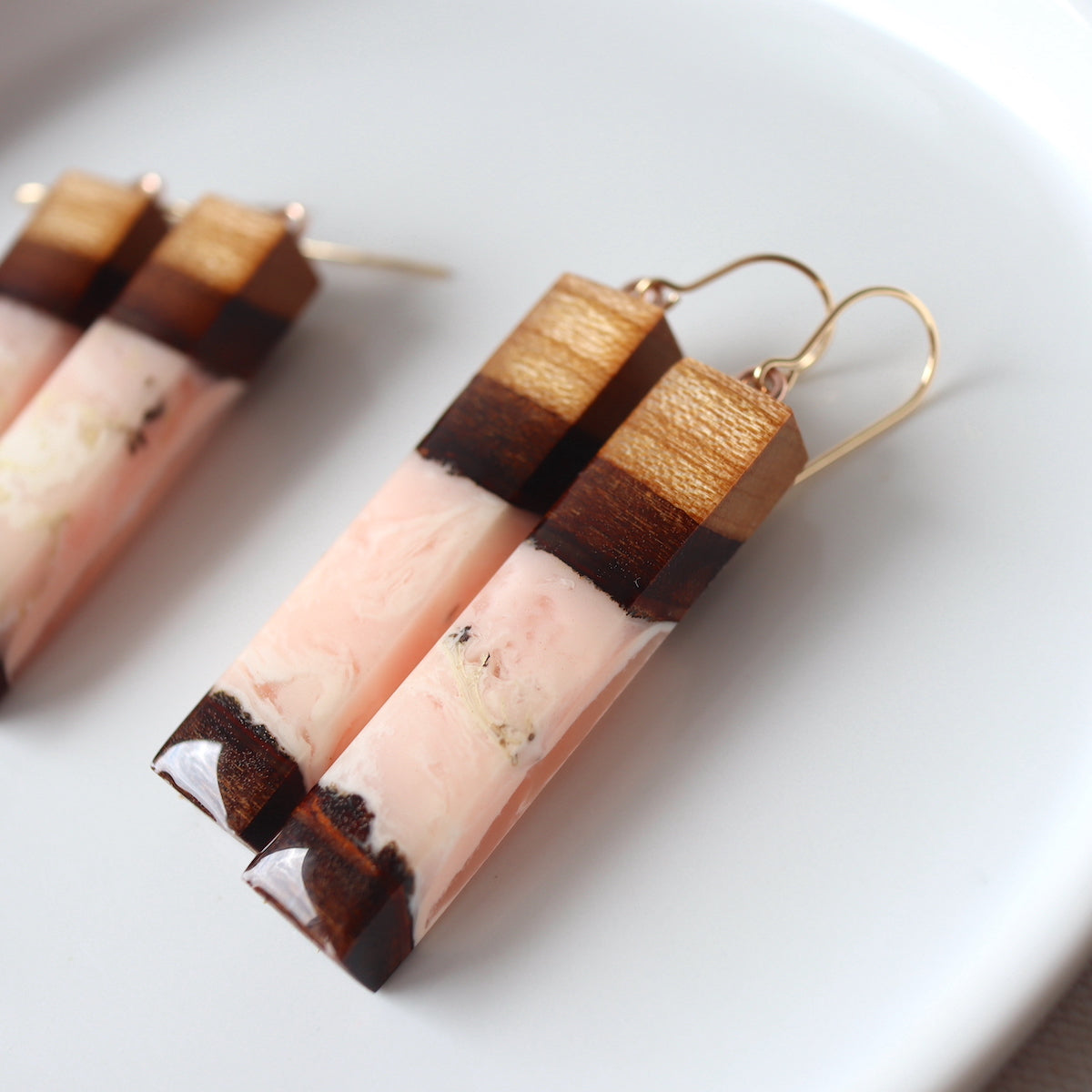 Dangle Earrings. Cherry Bark with Pink Resin (Medium 45mm)