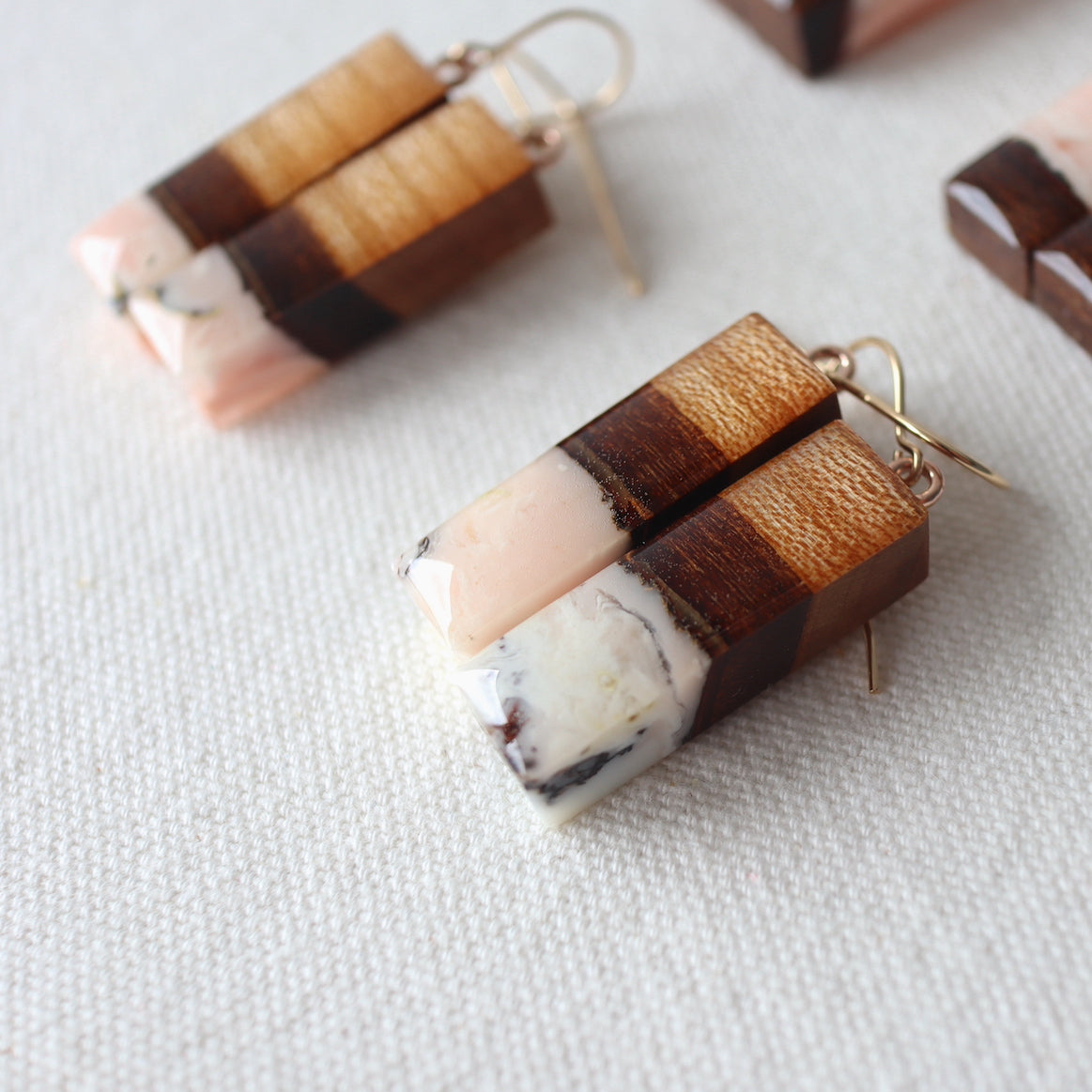 Dangle Earrings. Cherry Bark with Pink Resin (Short 30mm)