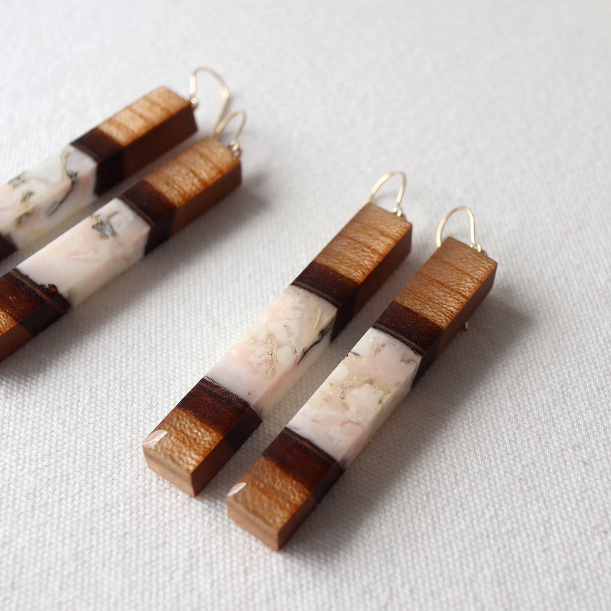 Dangle Earrings. Cherry Bark with Pink Resin (Long 60mm)