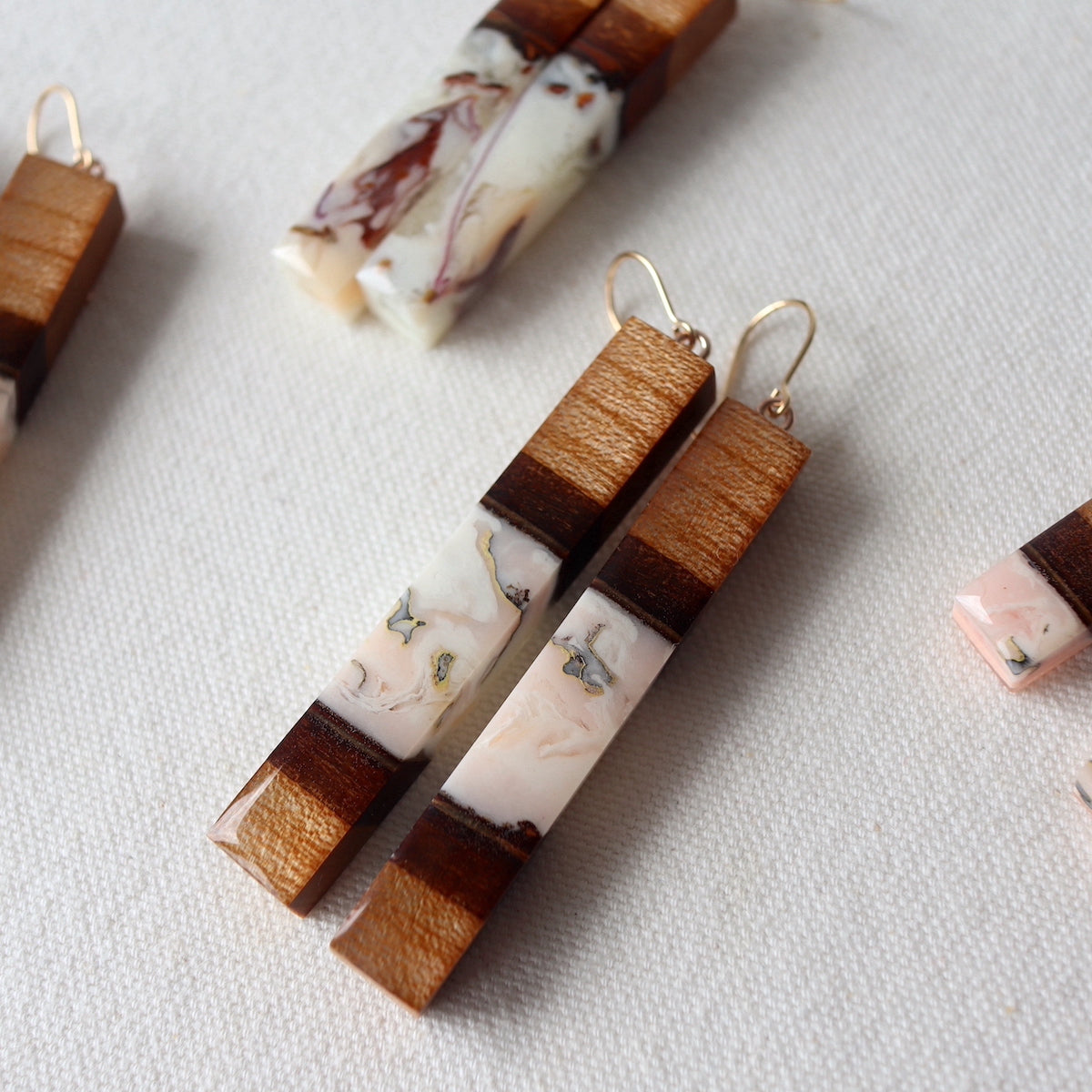 Dangle Earrings. Cherry Bark with Pink Resin (Long 60mm)