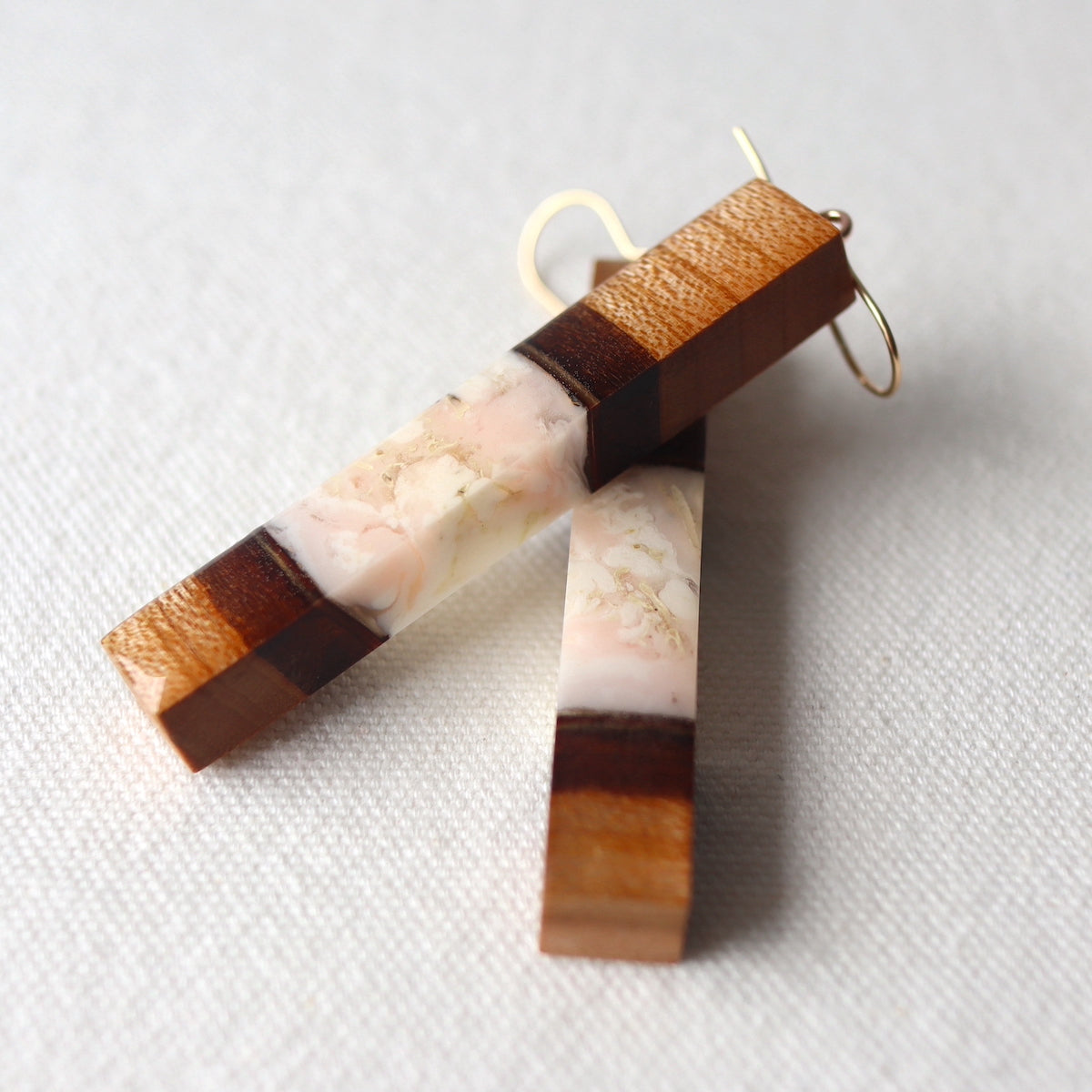 Dangle Earrings. Cherry Bark with Pink Resin (Long 60mm)