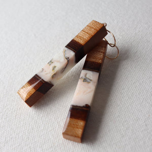 Dangle Earrings. Cherry Bark with Pink Resin (Long 60mm)