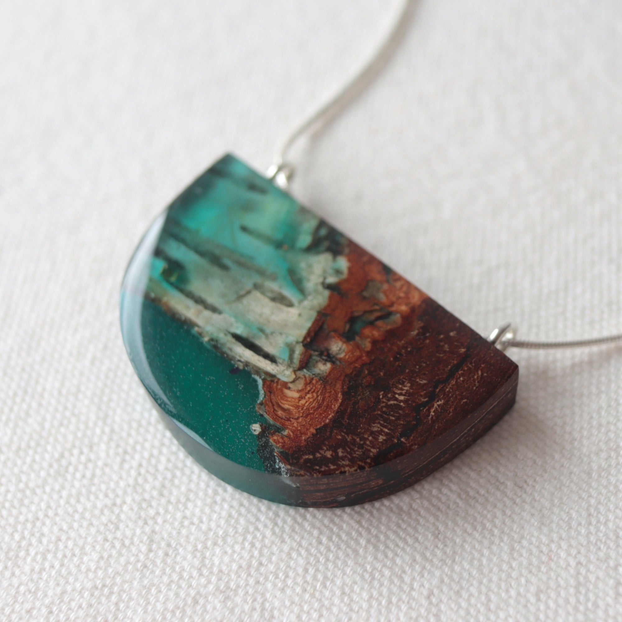 Birch bark pendant with blue resin and silver chain by Wild Blue Yonder