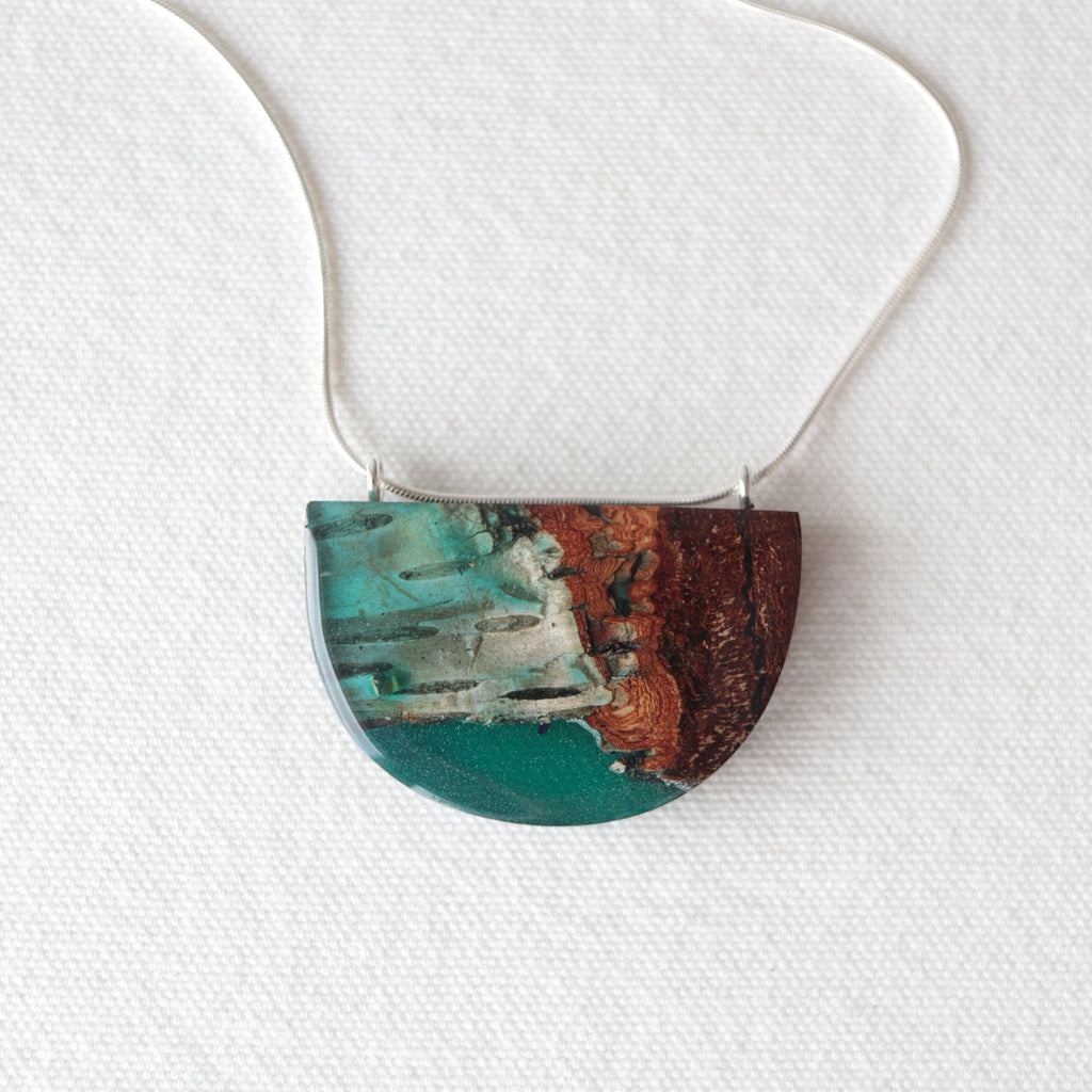 Birch bark pendant with blue resin and silver chain by Wild Blue Yonder