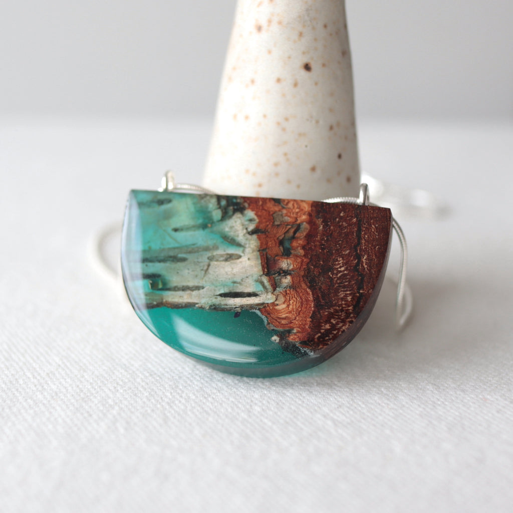 Birch bark pendant with blue resin and silver chain by Wild Blue Yonder