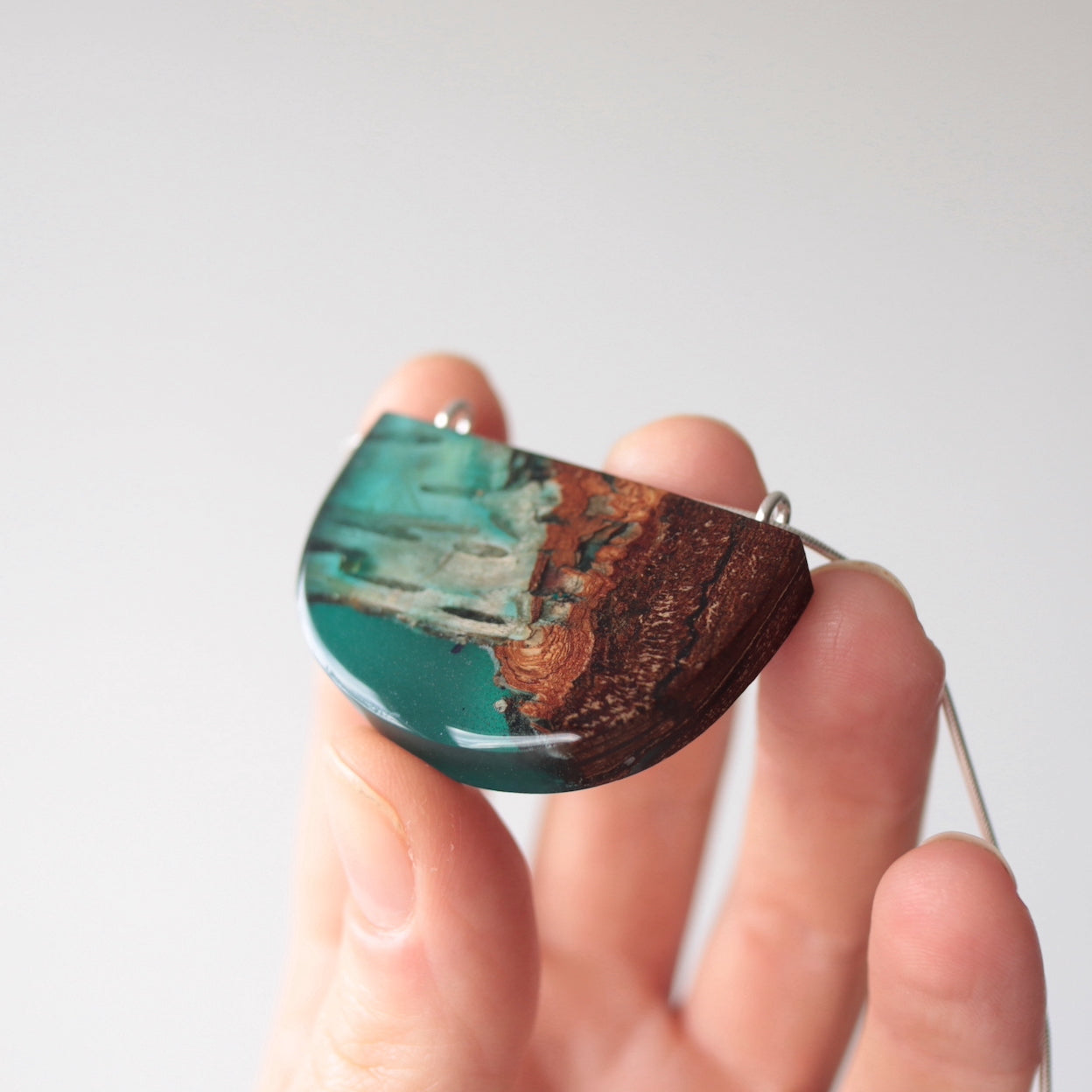 Birch bark pendant with blue resin and silver chain by Wild Blue Yonder