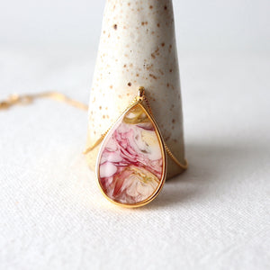 Florals. Encased Gold Teardrop Necklace with Dahlia Flower