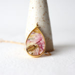 Load image into Gallery viewer, Florals. Encased Gold Teardrop Necklace with Dahlia Flower

