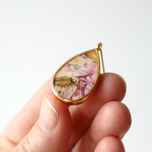 Florals. Encased Gold Teardrop Necklace with Dahlia Flower
