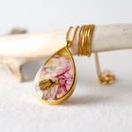 Load image into Gallery viewer, Florals. Encased Gold Teardrop Necklace with Dahlia Flower
