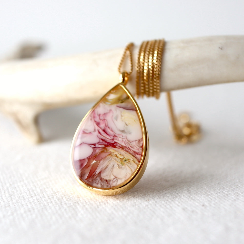 Florals. Encased Gold Teardrop Necklace with Dahlia Flower
