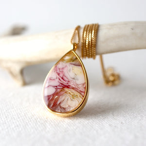 Florals. Encased Gold Teardrop Necklace with Dahlia Flower