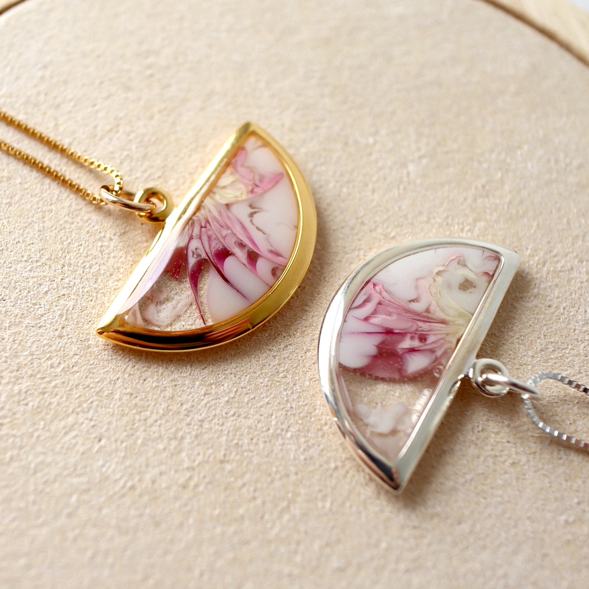 Florals. Encased Gold Half-moon Necklace with Dahlia Flowers