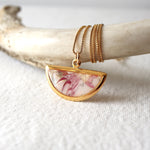 Load image into Gallery viewer, Florals. Encased Gold Half-moon Necklace with Dahlia Flowers
