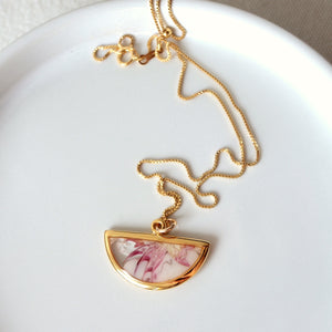 Florals. Encased Gold Half-moon Necklace with Dahlia Flowers
