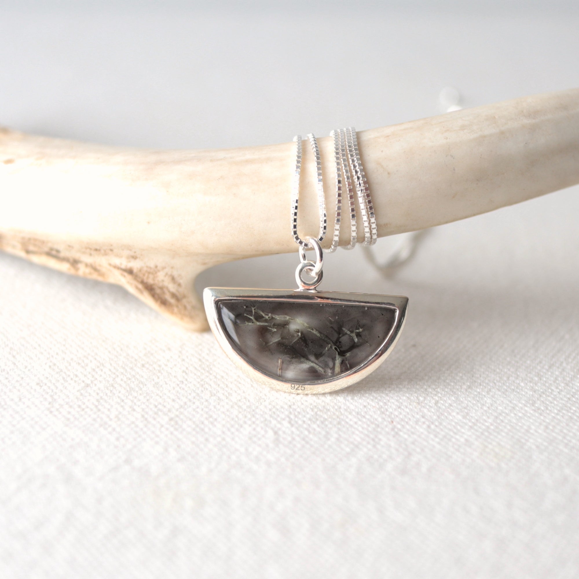 Dawn Collection. Silver Half-moon Necklace with Lichen