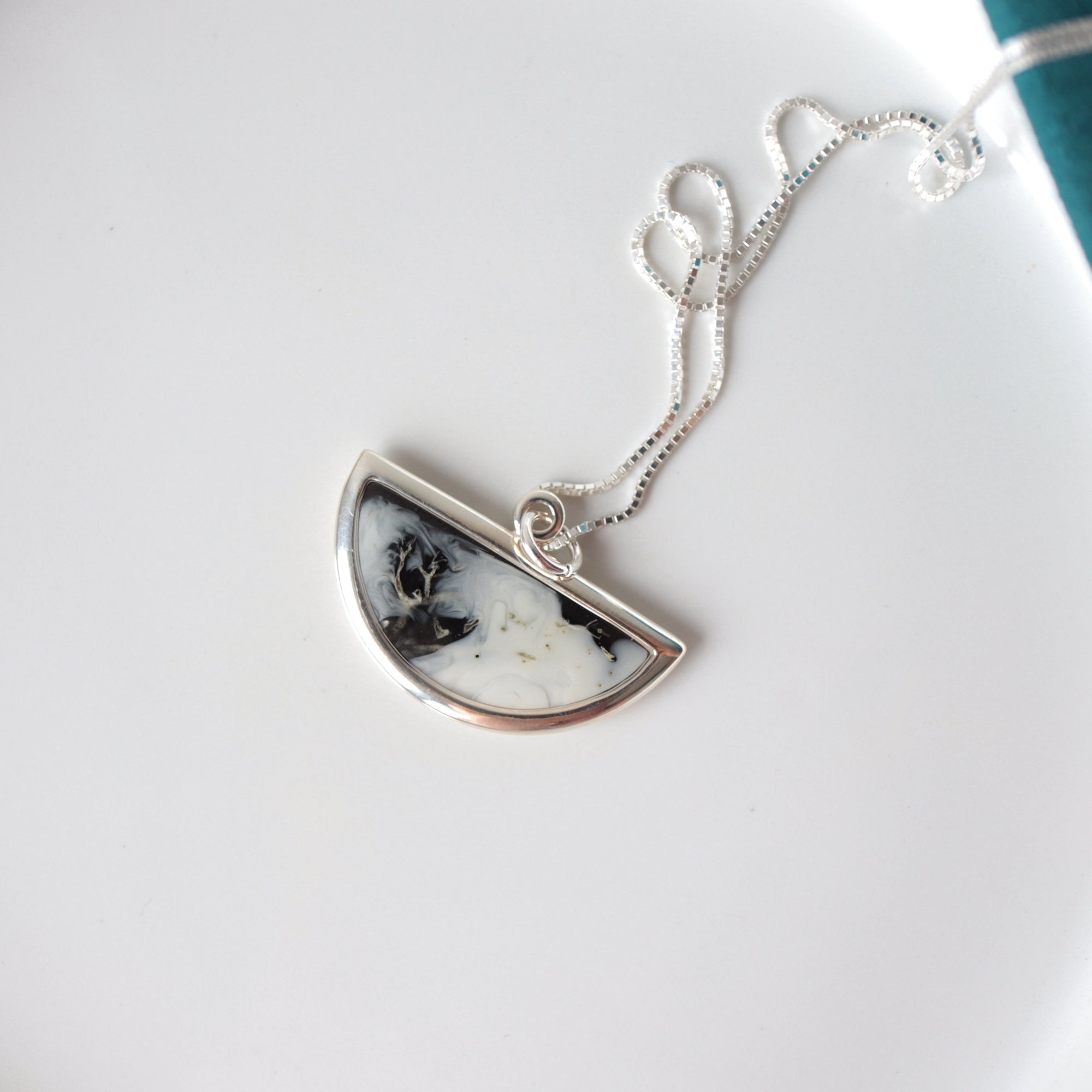 Dawn Collection. Silver Half-moon Necklace with Lichen