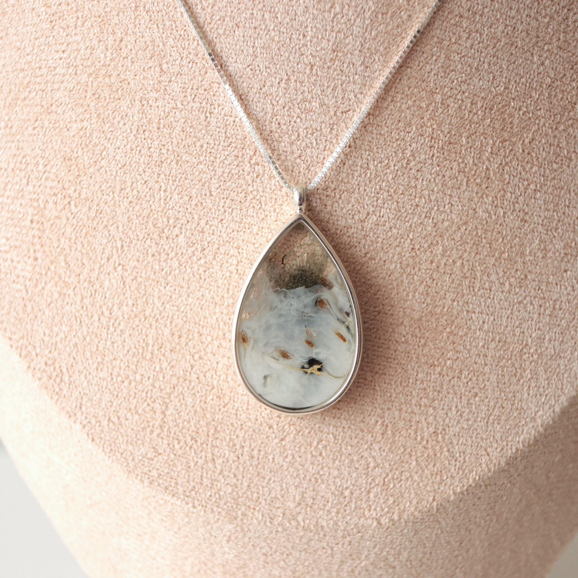 Dawn Collection. Silver Teardrop Necklace with Lichen