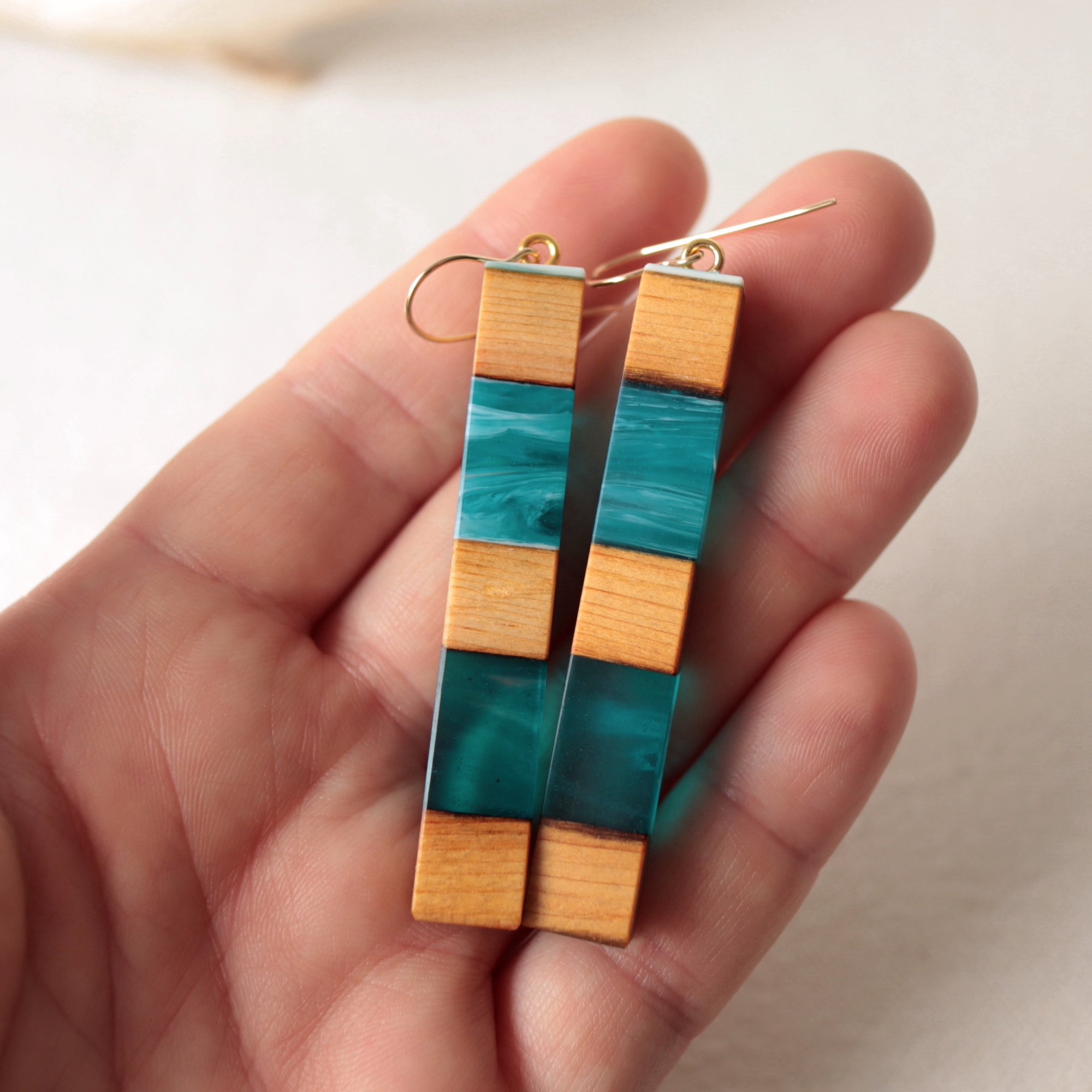 Dangle Earrings. Reclaimed Cedar and Turquoise Resin